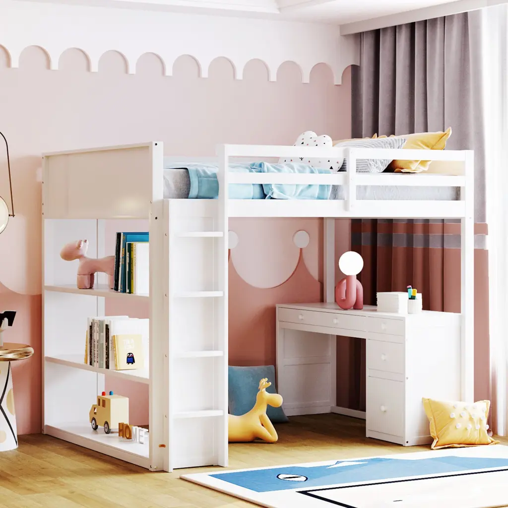 Full Dimensions Loft Bed Ladder Shelves And Desk White Solid Wood lucky furniture