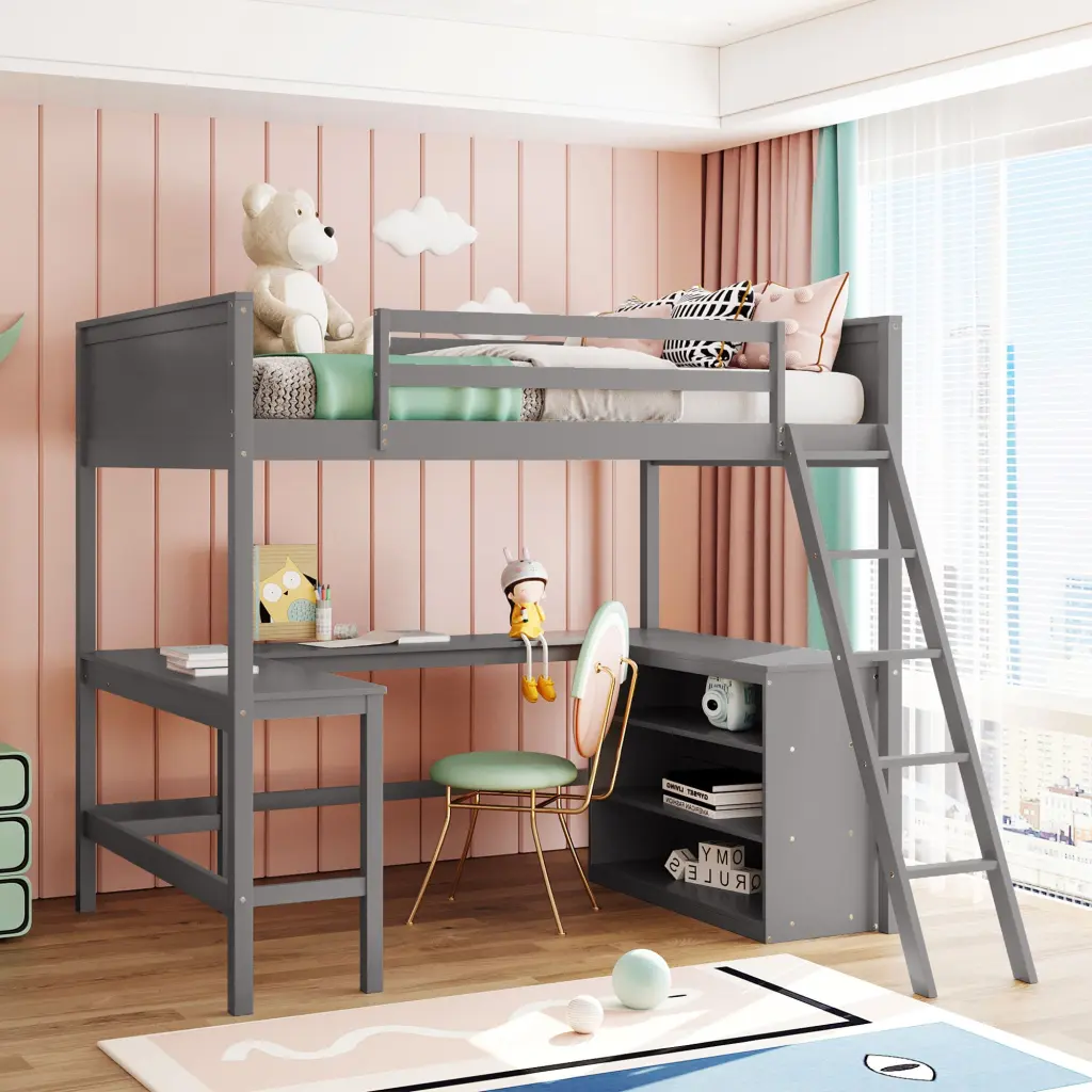 Full Dimensions Loft Bed Shelves and Desk Wooden Loft Bed Desk Space Saving lucky furniture