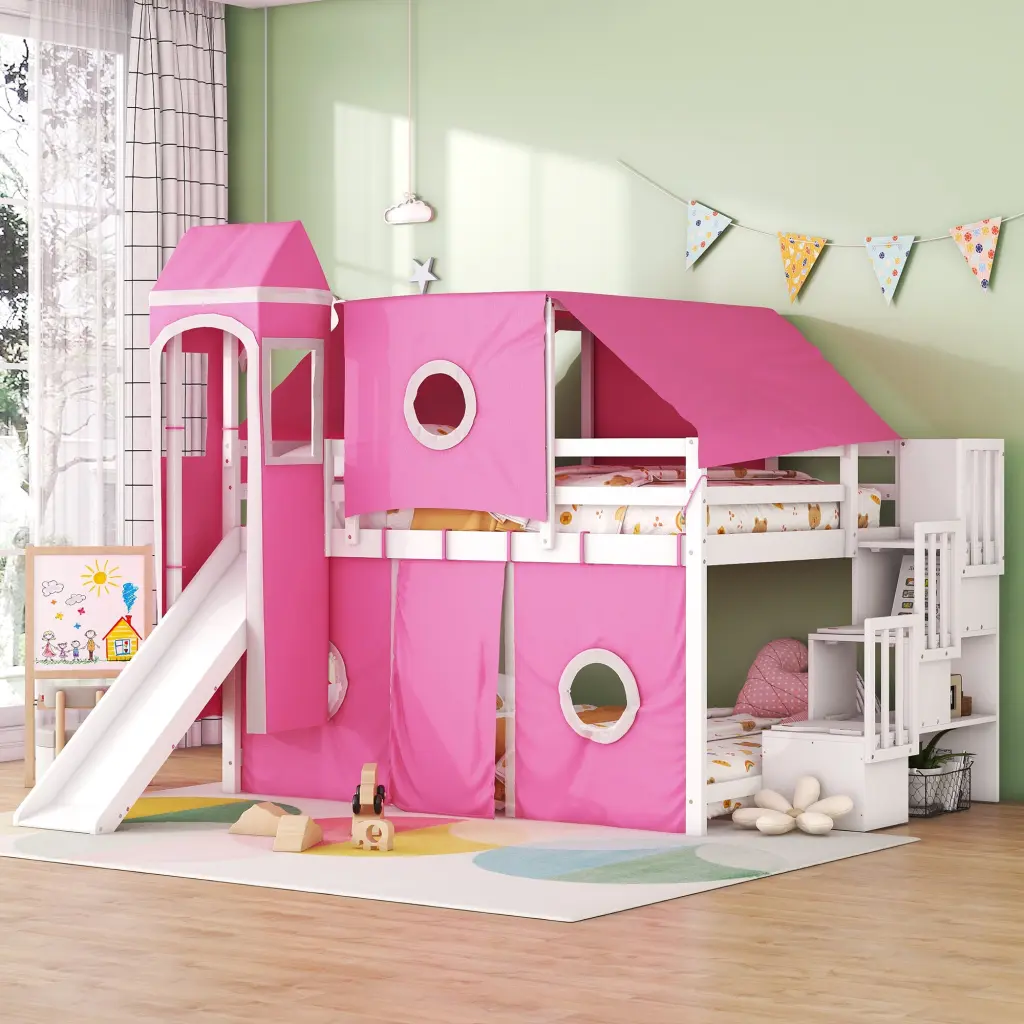 Full Dimensions Loft Bed Tent And Tower Pink Solid Timber lucky furniture