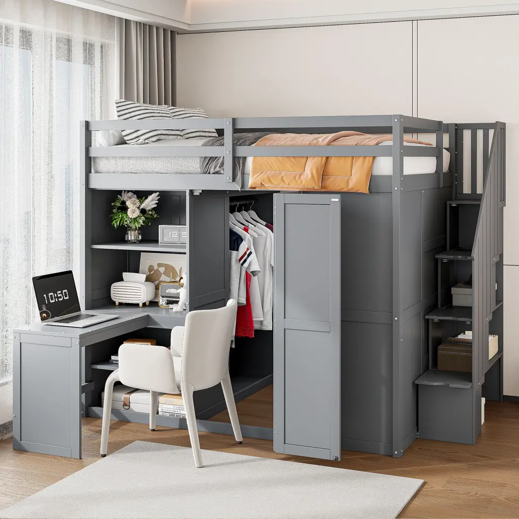 Full Dimensions Loft Bed Wardrobe Desk and Shelves Grey Grey MDF LVL lucky furniture