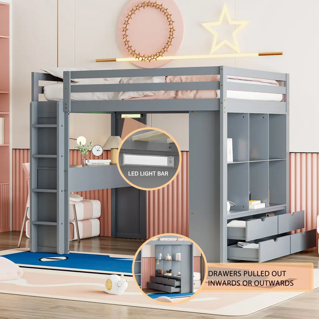 Full Size Loft Bed Large Shelves Writing Desk and LED Lights lucky furniture