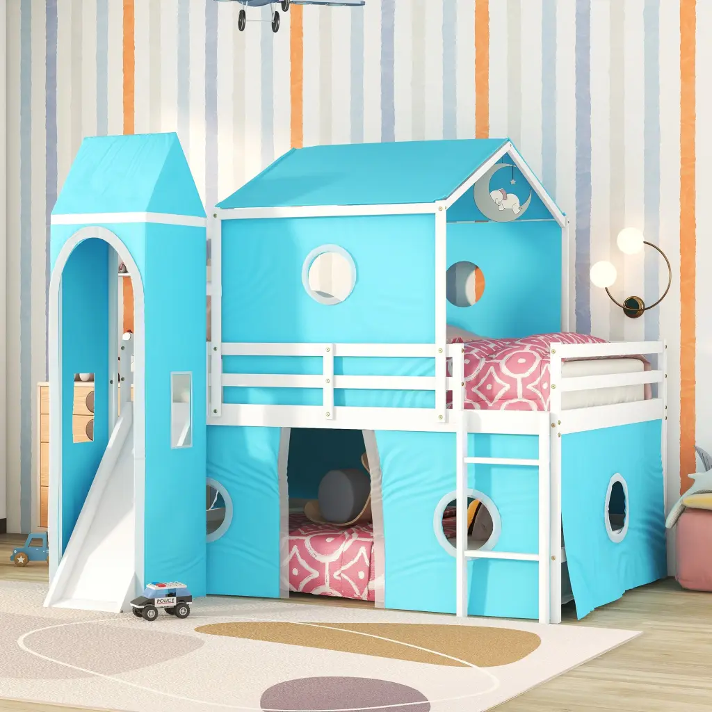 Full Size Loft Bed Slide Blue Tent and Tower Blue Solid Finish lucky furniture