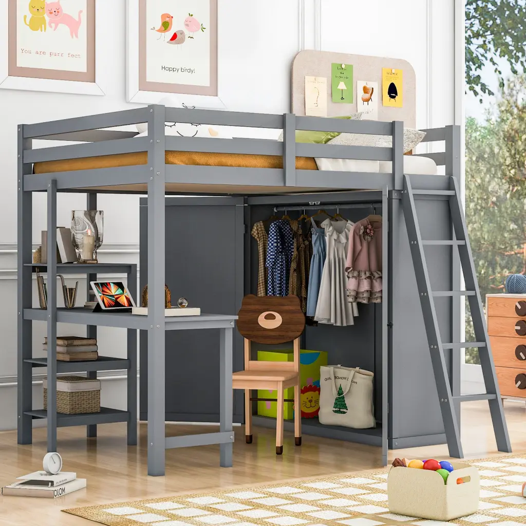 Full Size Loft Bed Wardrobe Desk and Shelves Gray lucky furniture