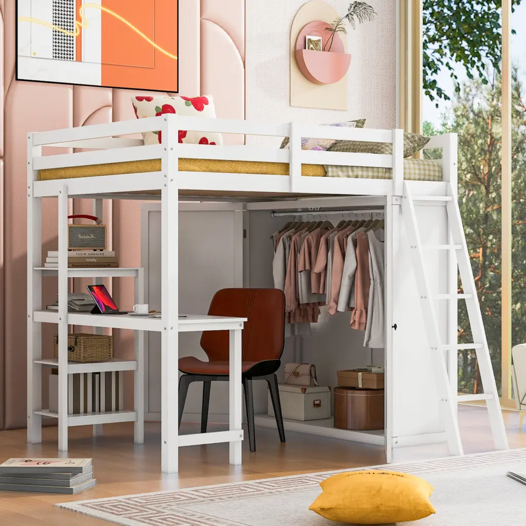 Full Size Loft Bed Wardrobe Desk and Shelves White Space Saver lucky furniture