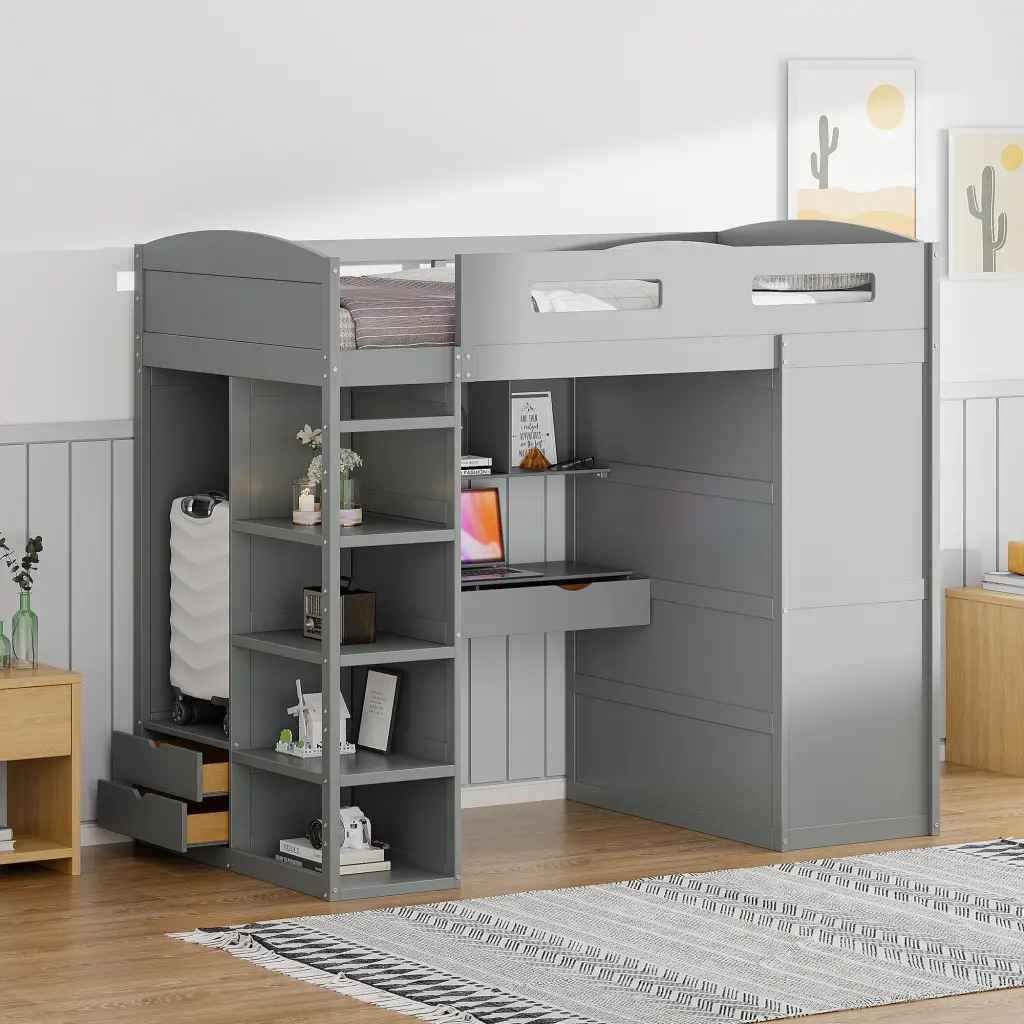 Twin Dimensions Loft Bed Desk Wardrobes 4 Drawers And 4 Shelves Gray lucky furniture