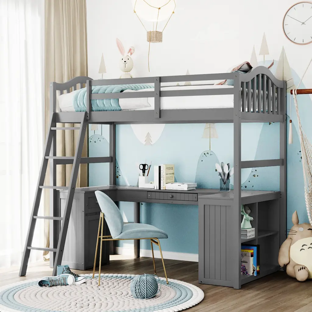 Twin Dimensions Loft Bed Drawers Cabinet Shelves and Desk Wooden Loft Bed lucky furniture