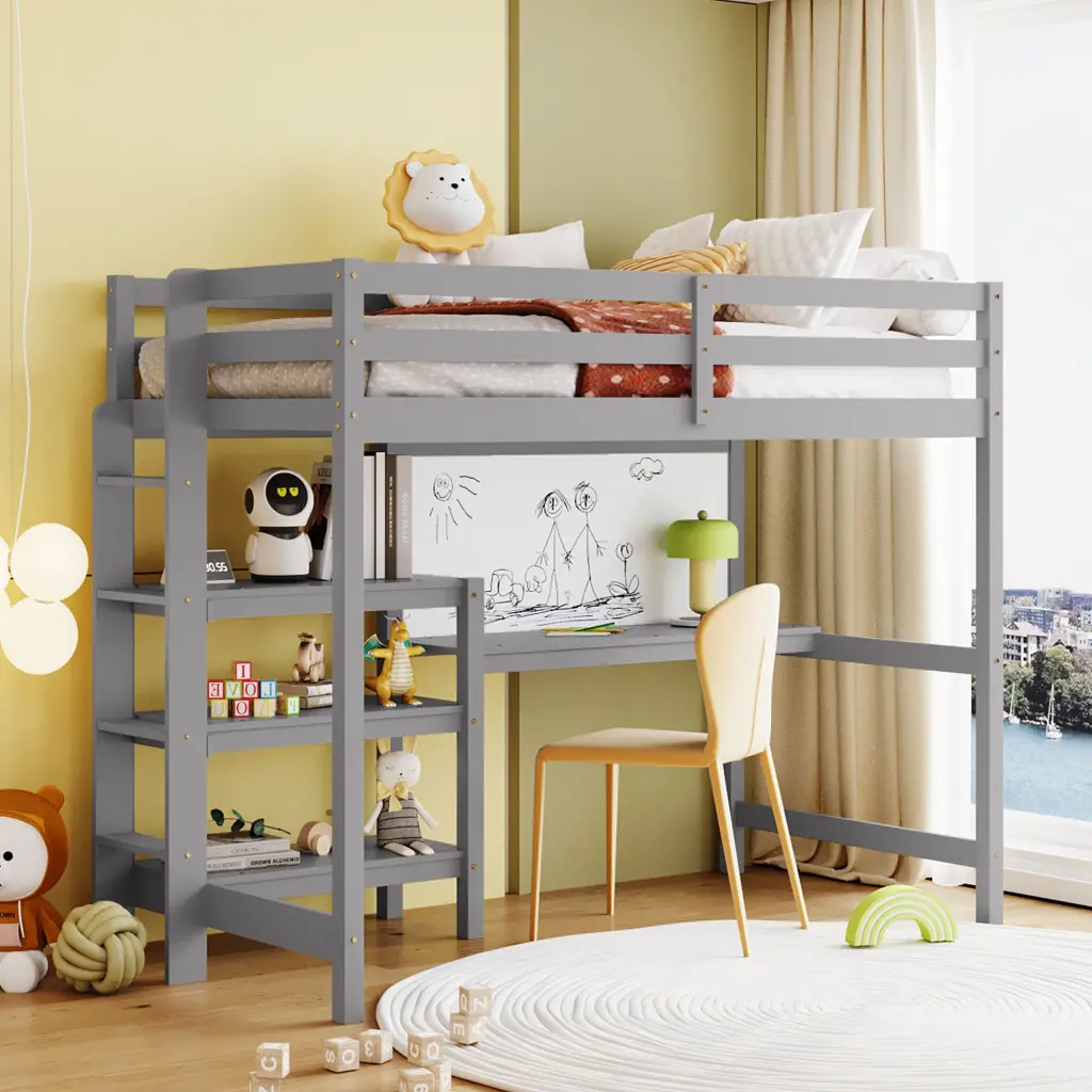 Twin Dimensions Timber Loft Bed Shelves Desk And Writing Board Gray lucky furniture