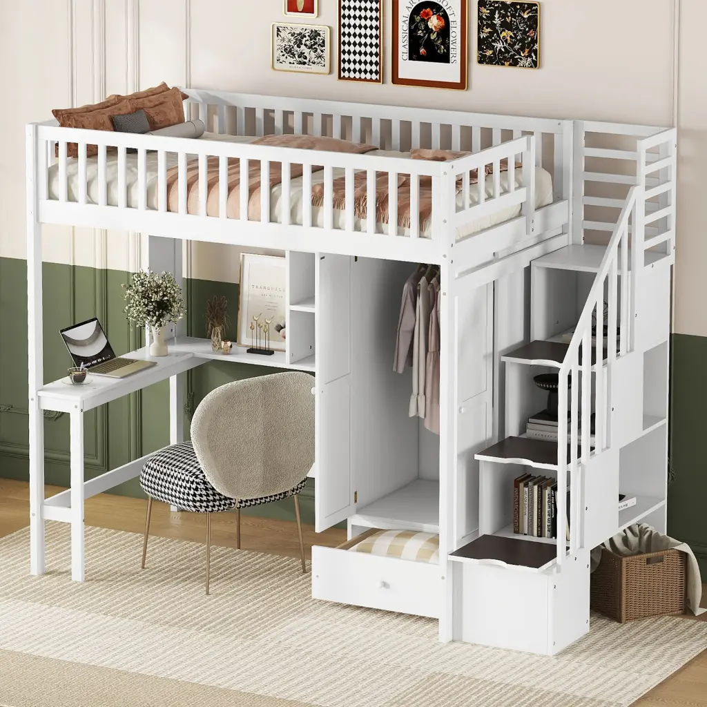 Twin Loft Bed Bookshelf Drawers Desk And Wardrobe White lucky furniture