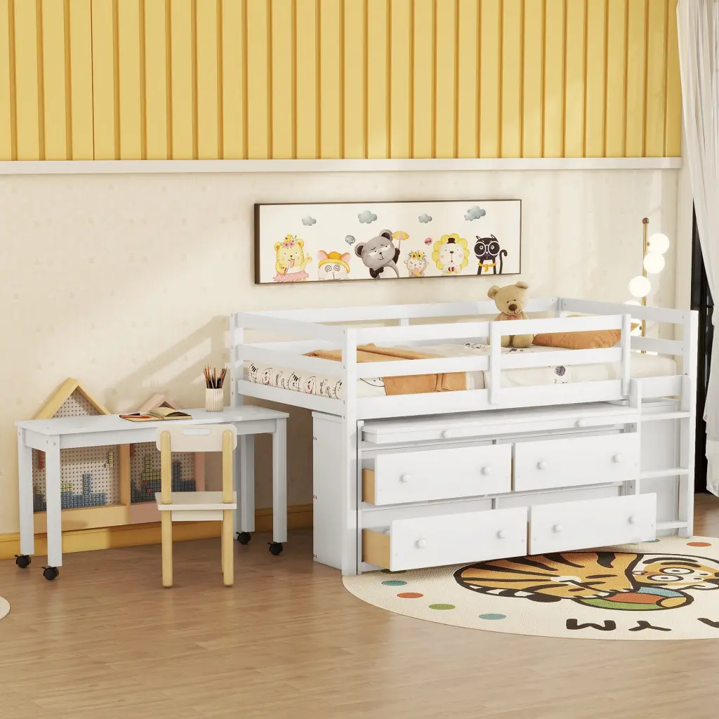 Twin Loft Bed Retractable Writing Desk and 4 Drawers Wooden Finish lucky furniture