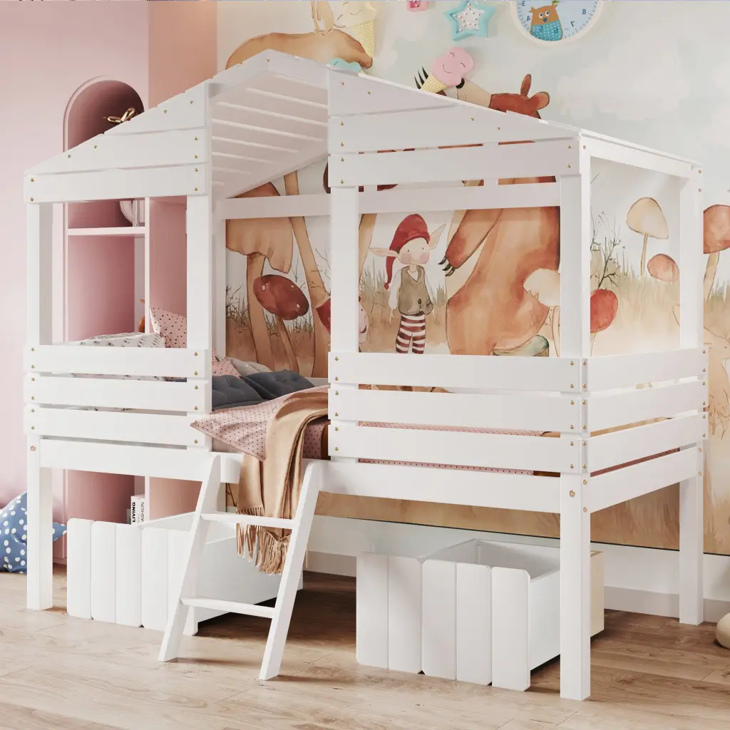 Twin Low Loft Wood Houtilize Bed Two Drawers White Solid lucky furniture