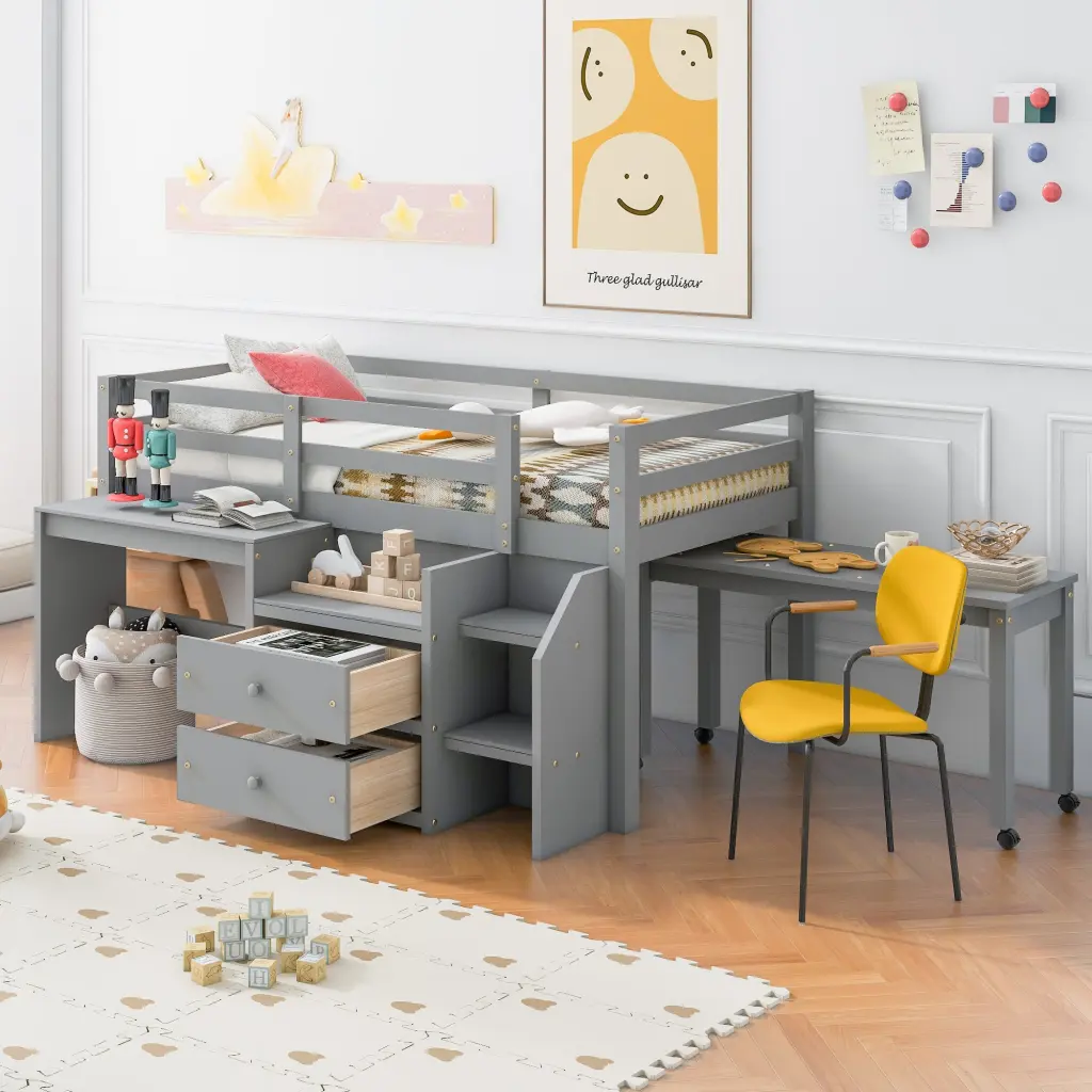 Twin Size Loft Bed Desk And Drawers Wooden Study Bunk Bed lucky furniture