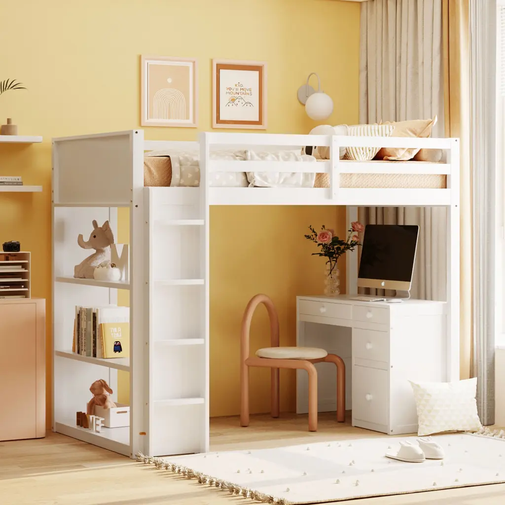 Twin Size Loft Bed Ladder Shelves and Desk White Gray Solid Wood lucky furniture