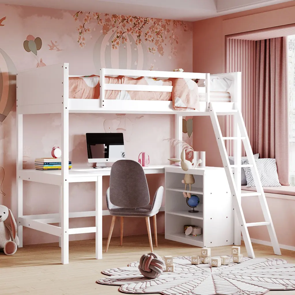 Twin Wooden Loft Bed Shelves and Desk Kids lucky furniture