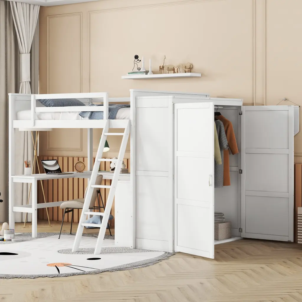 White Full Size Loft Bed Desk Shelves and Wardrobe Solid Wood lucky furniture