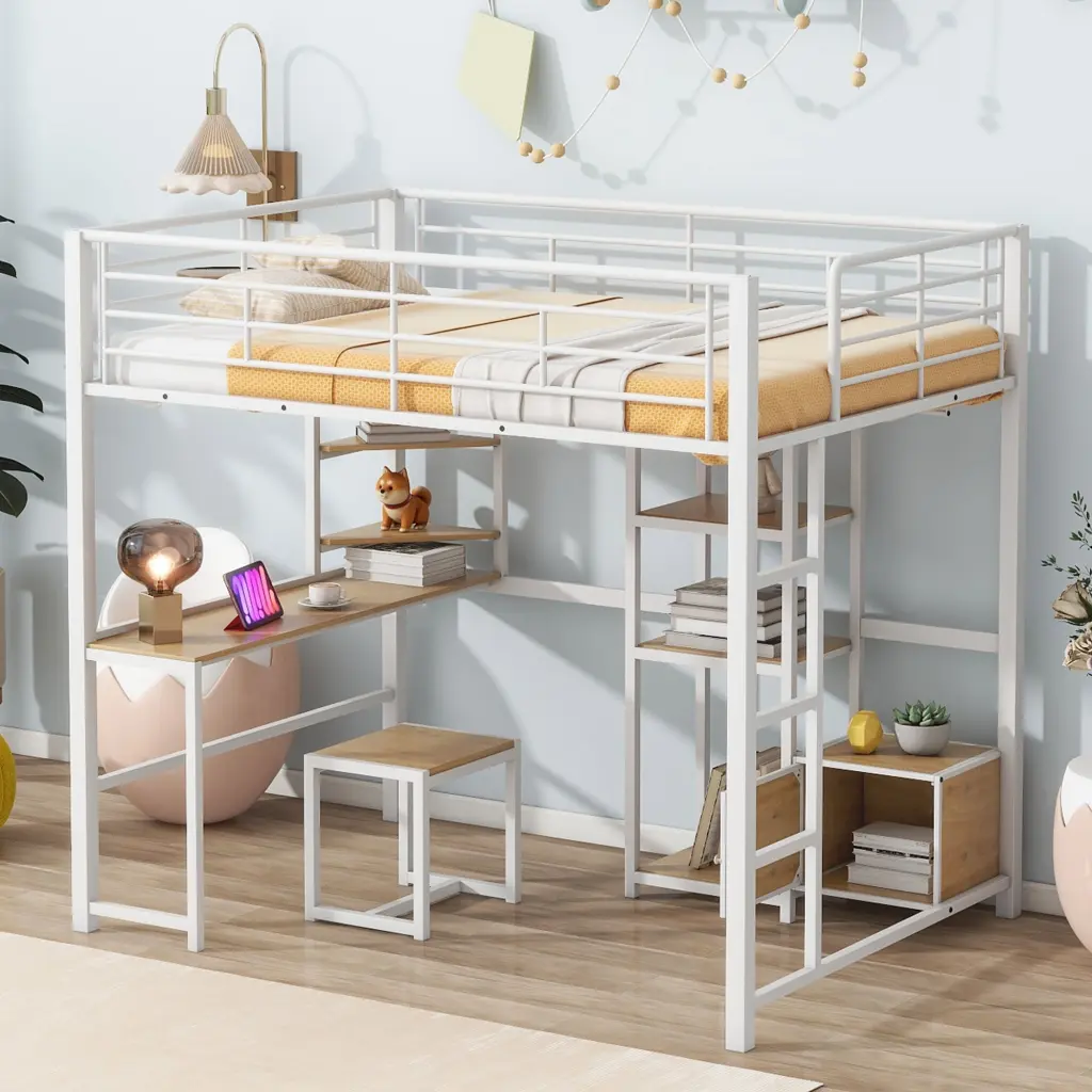 Full Size Loft Bed Desk and Stool Metal Open Style lucky world