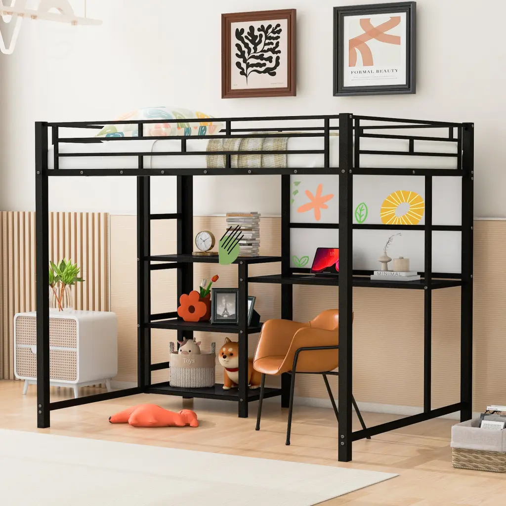 Full Size Loft Bed Desk And Whiteboard Metallic Frame 3 Shelves lucky world