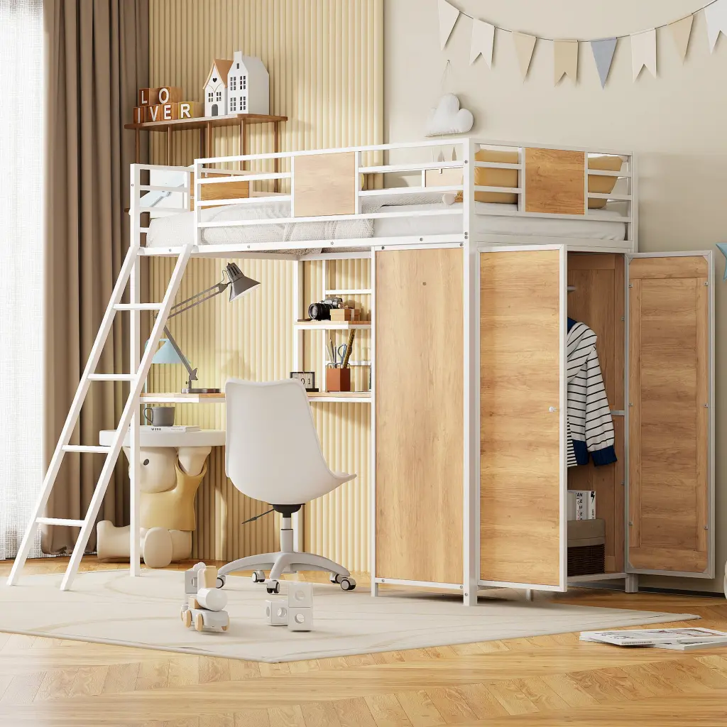 Twin Dimensions Loft Bed L Shape Desk And Wardrobe White Space Saving Furniture lucky world