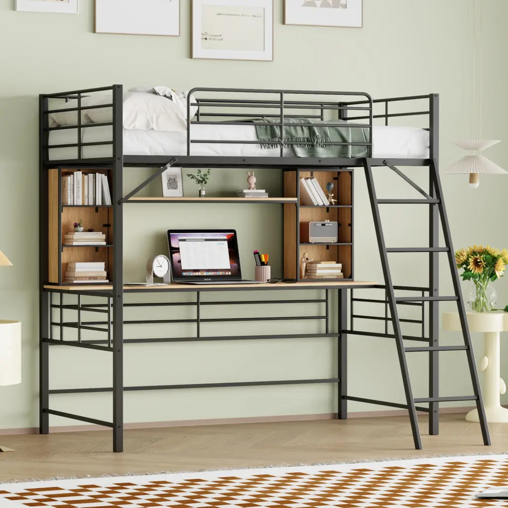 Twin Size Loft Bed Desk And Shelf Black Space Saving Furniture lucky world
