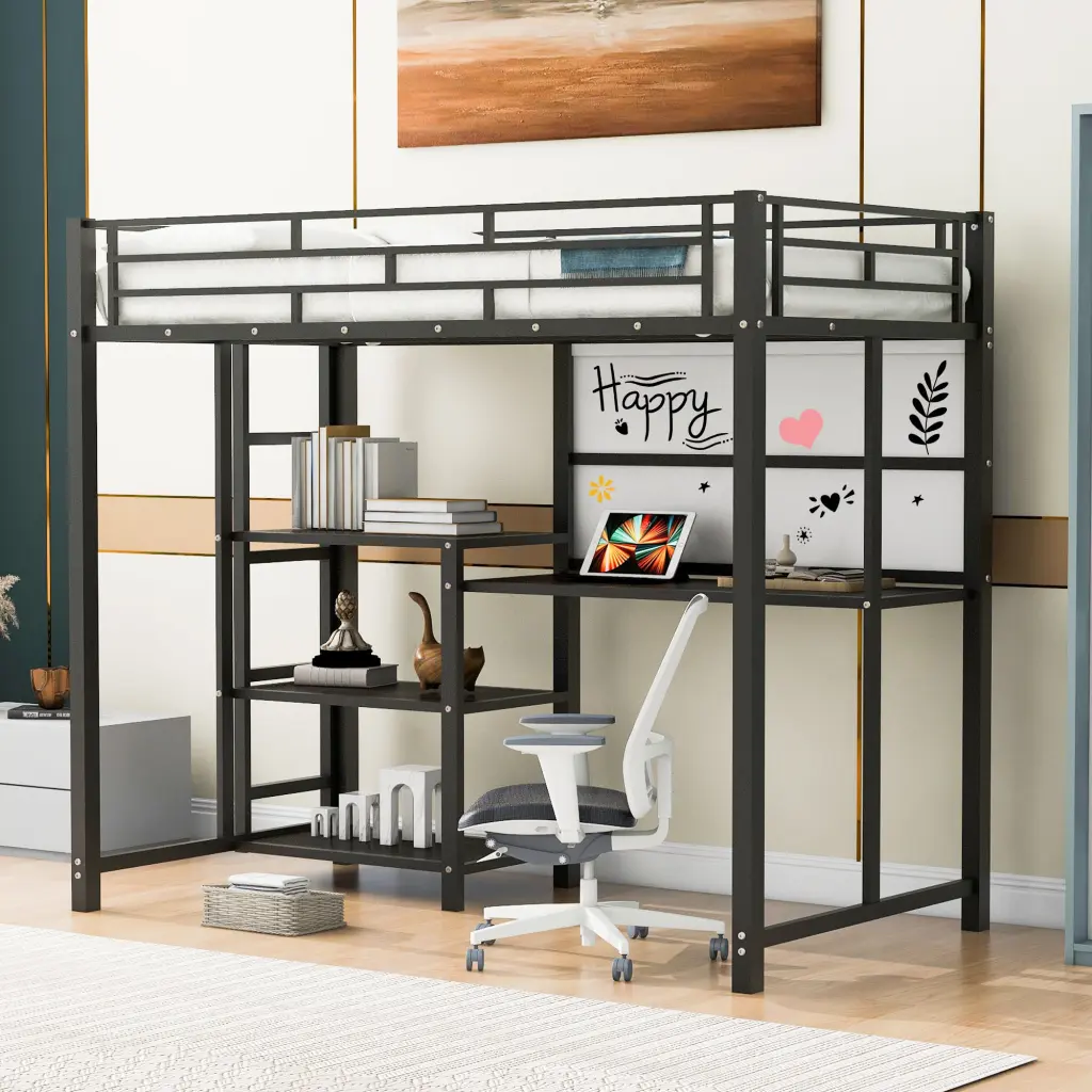 Twin Size Loft Bed Desk And Whiteboard Metal Loft Bed 3 Shelves lucky world
