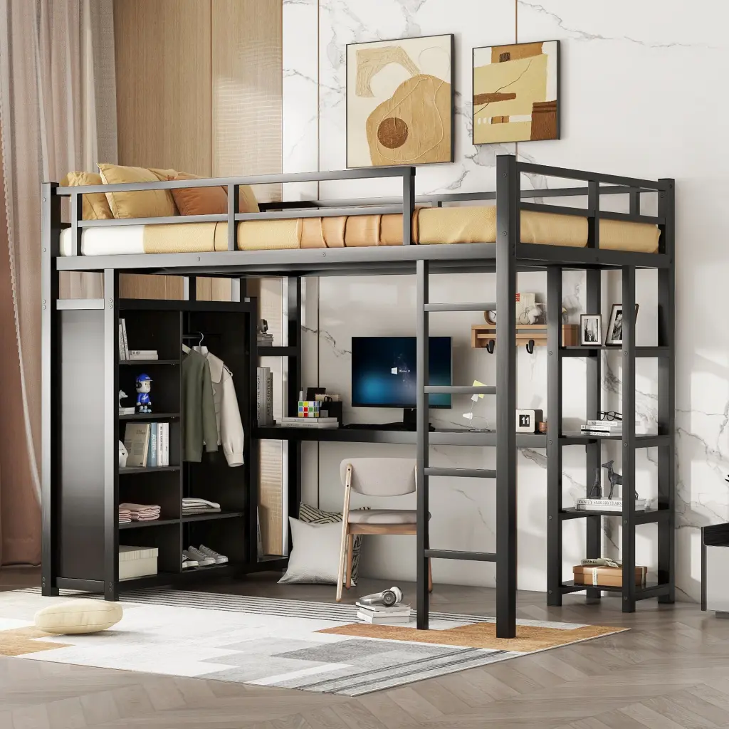 Metal Full Size Loft Bed Desk Shelves Wardrobe Black Space Saving Furniture magic more