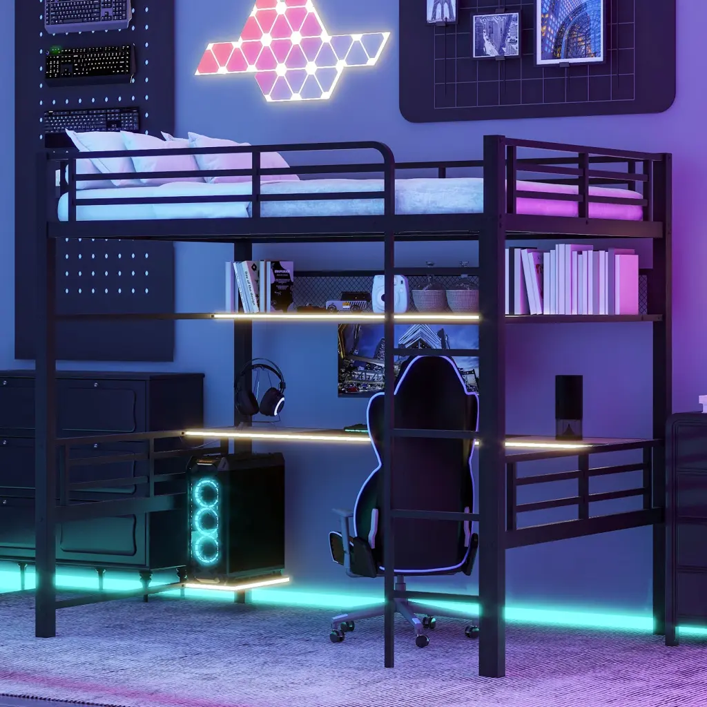 Full Size Metallic Loft Bed Frame Storage Shelf and LED Light Modern Space Saver wm dreamland