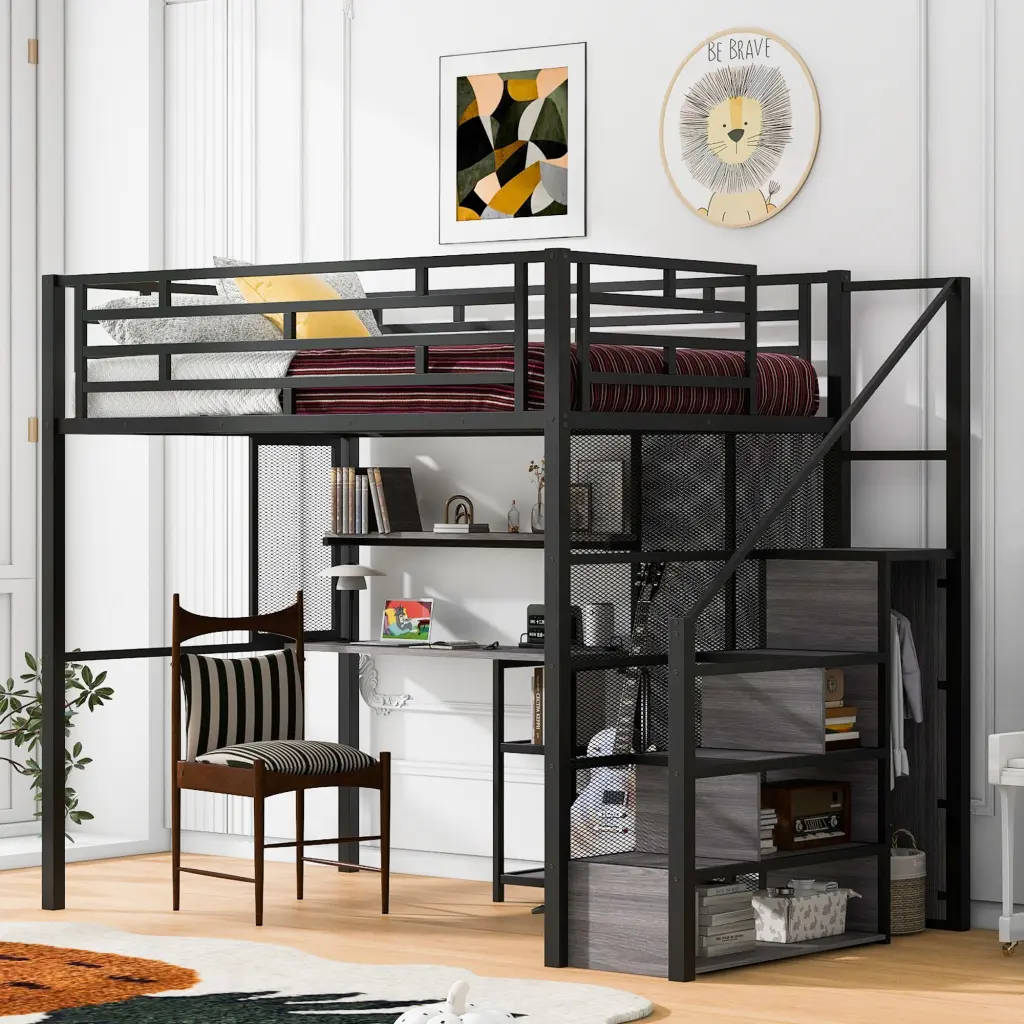 Full-Size Metallic Loft Bed Wardrobe, Desk & Storage Shelves - Black Finish wm dreamland