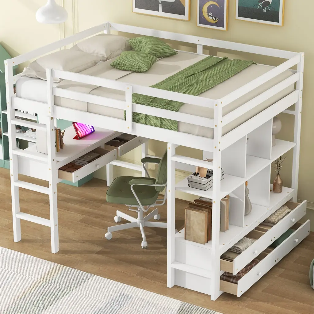 Full Dimensions Loft Bed Built Desk Two Drawers And Storage Shelves wm store