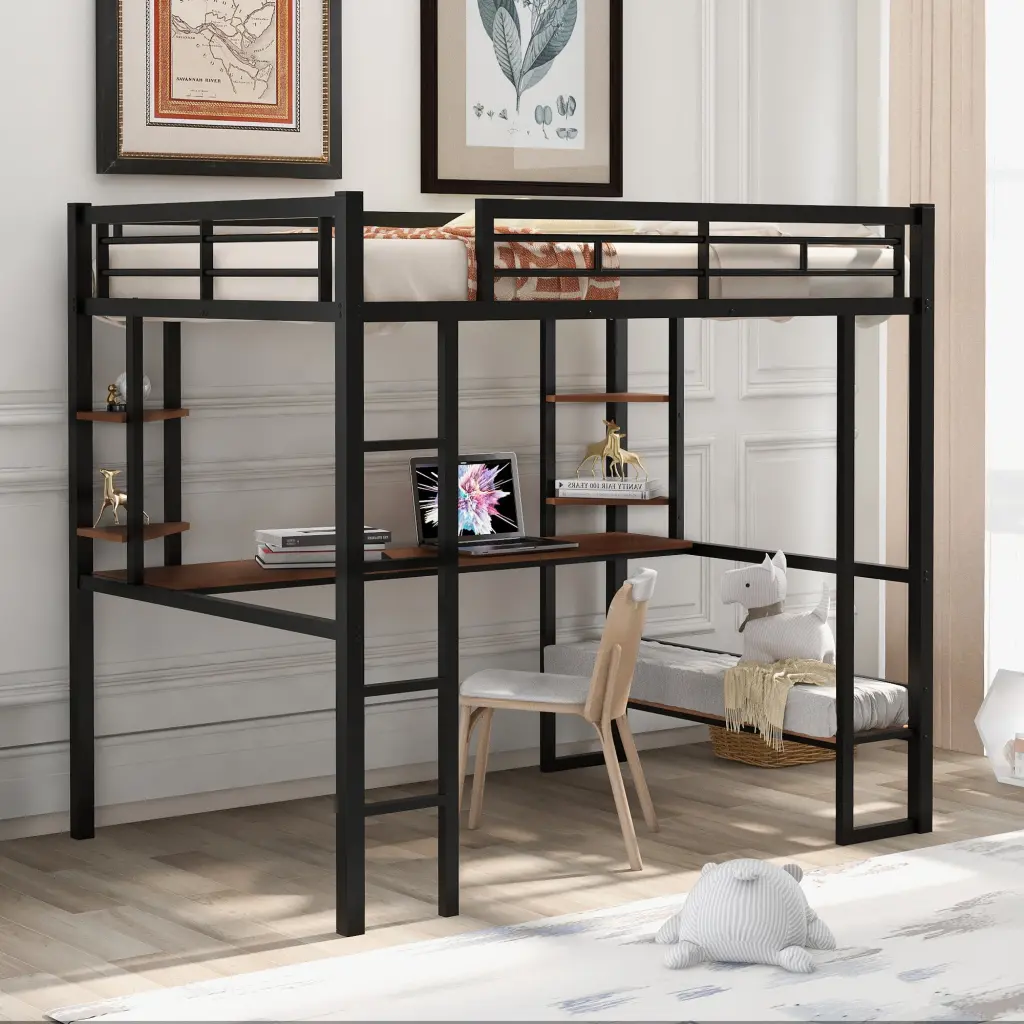 Full Dimensions Loft Metallic & MDF Bed Long Desk And Shelves Black wm store