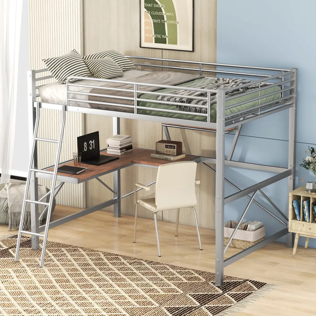Full Dimensions Loft Metallic & MDF Bed Desk and Shelf Shiny Metal Finish wm store