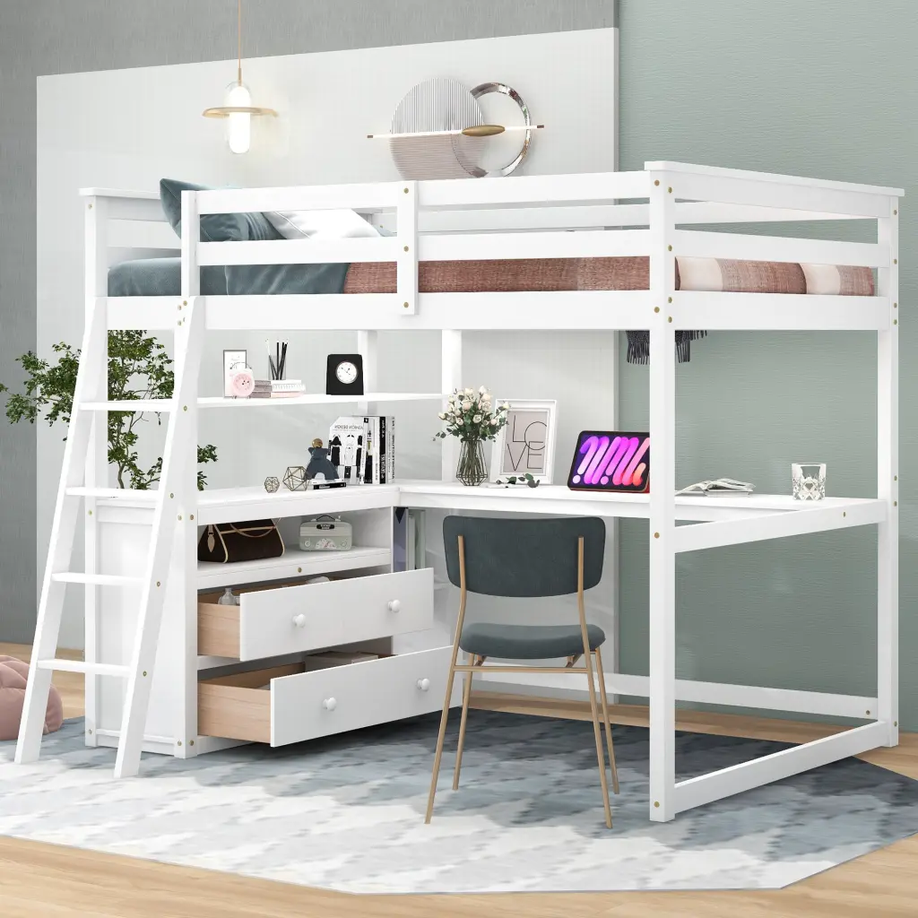 Full Loft Bed Desk and Shelves Two Built- Drawers White wm store
