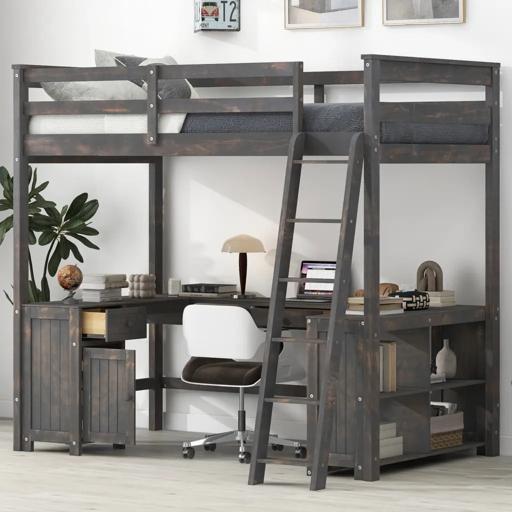 Full Loft Bed U Shaped Desk Drawers And Storage Shelves Study Space Saver wm store