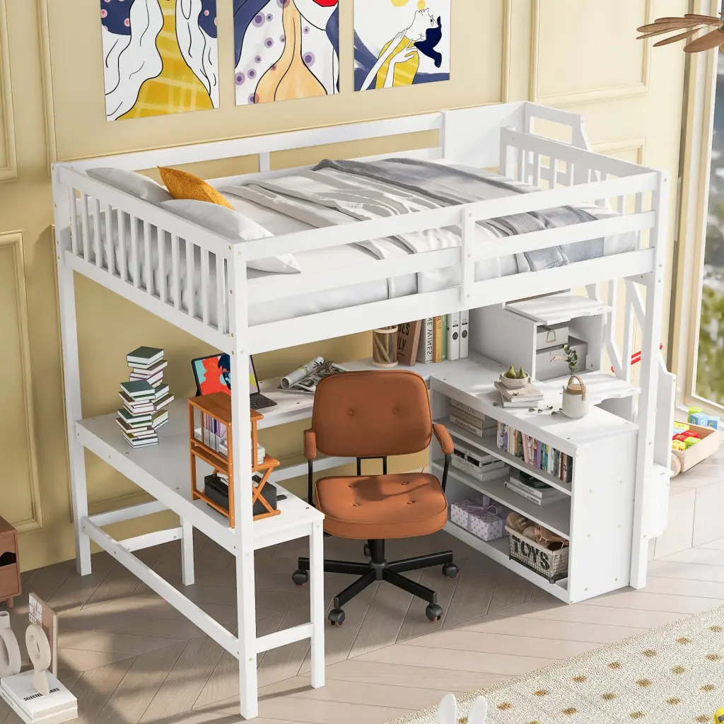 Full Size Loft Bed Built L Shaped Desk and Three Tier Storage wm store