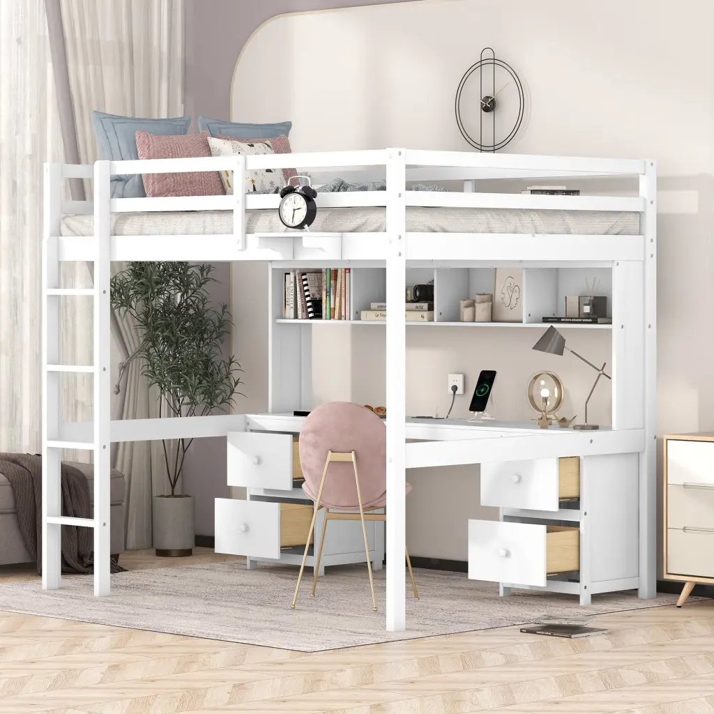 Full Size Loft Bed Desk Cabinets Drawers and Bedside Tray Charcoal wm store