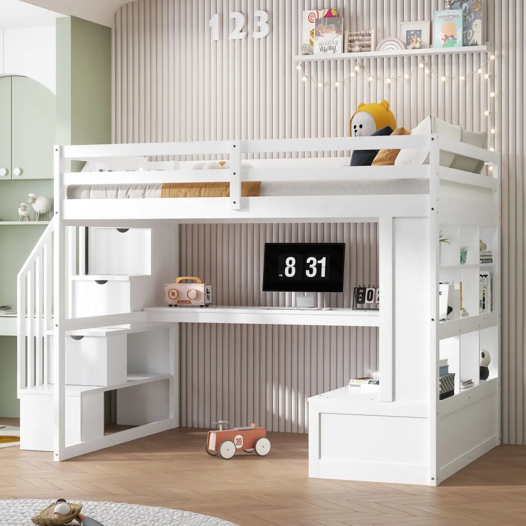 Full Size Loft Bed Desk Shelves and Two Built Drawers wm store