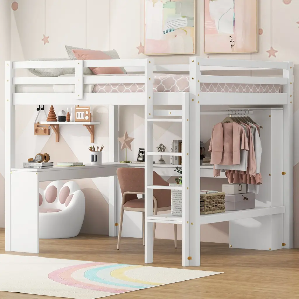 Full Size Loft Bed L Shaped Desk Wardrobe And Storage Shelves wm store