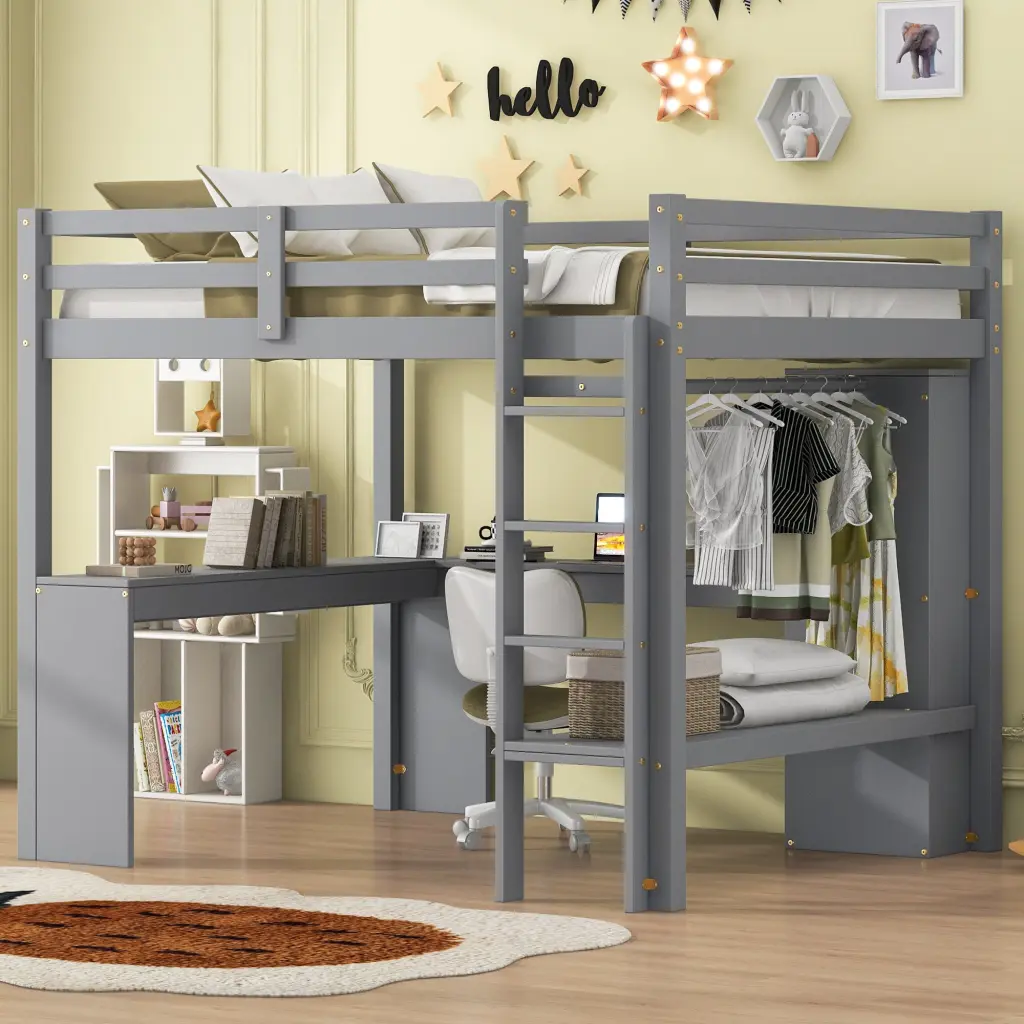 Full Size Loft Bed L Shaped Desk Wardrobe And Storage Shelves Grey Space Saver wm store