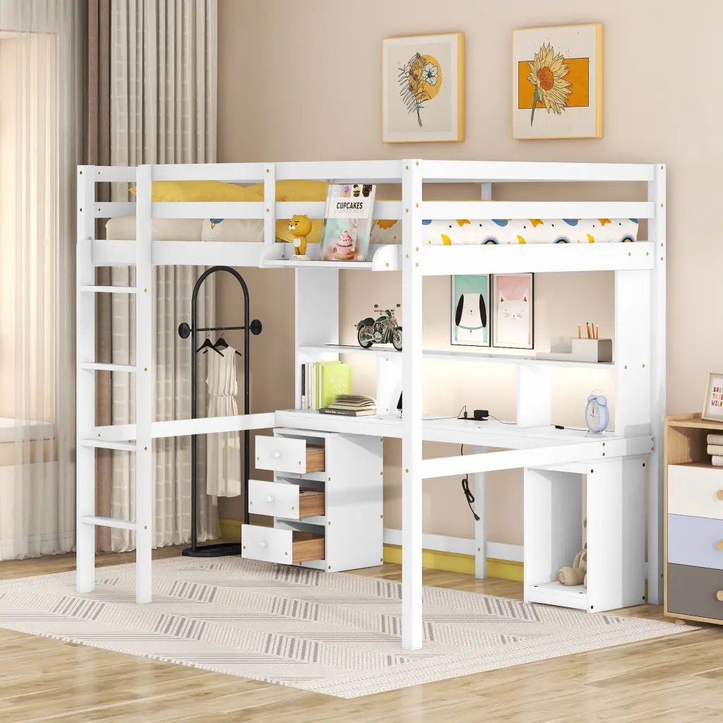Full Size Loft Bed Storage Desk LED Light And Bedside Tray Small Spaces wm store