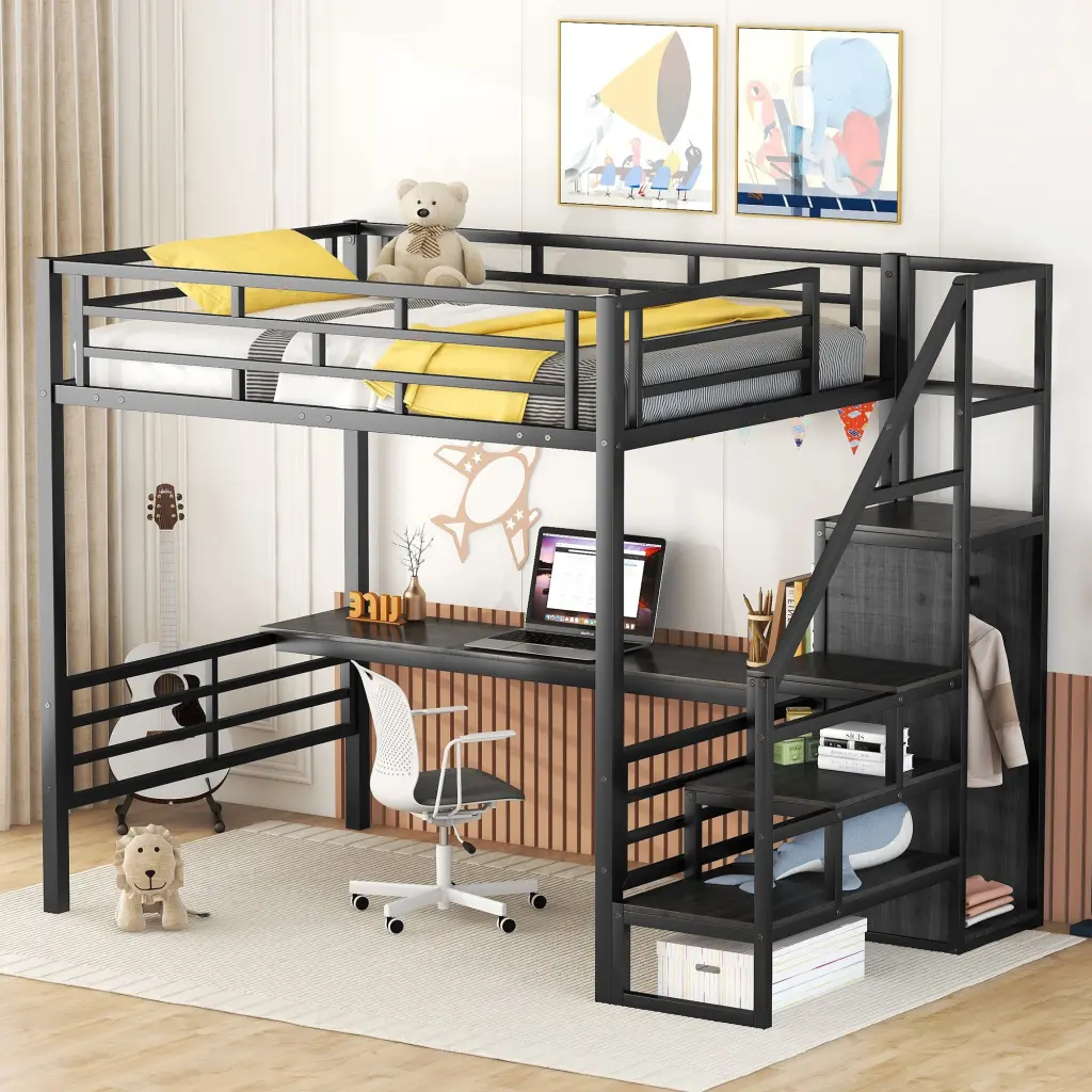 Full Size Metallic Loft Bed Desk Storage Staircase and Small Wardrobe wm store