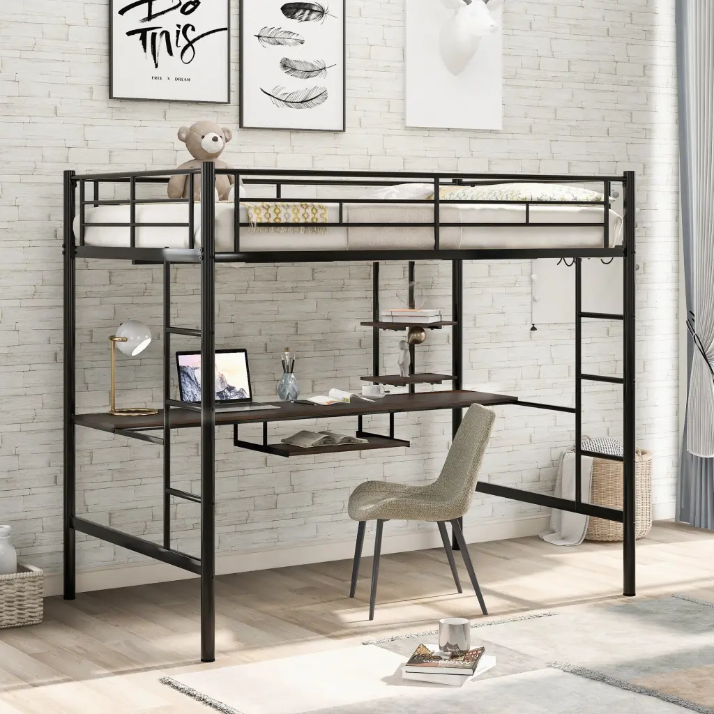 Loft Bed Desk And Shelf Space Saving Design Full Size Black Bed Frame wm store