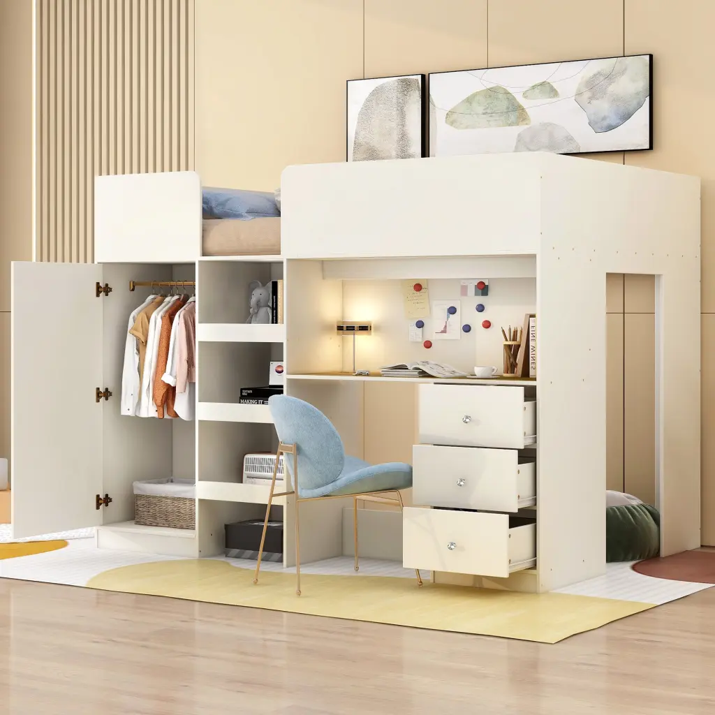 Timber Full Dimensions Loft Bed Built- Wardrobe, Desk, and Storage Shelves wm store