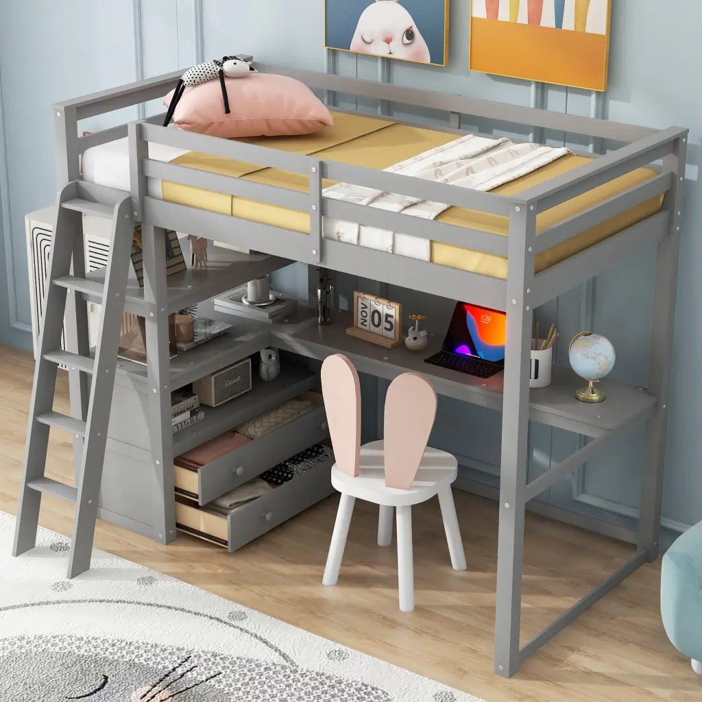 Twin Dimensions Loft Bed Desk and Shelves Two Constructed Drawers Gray wm store