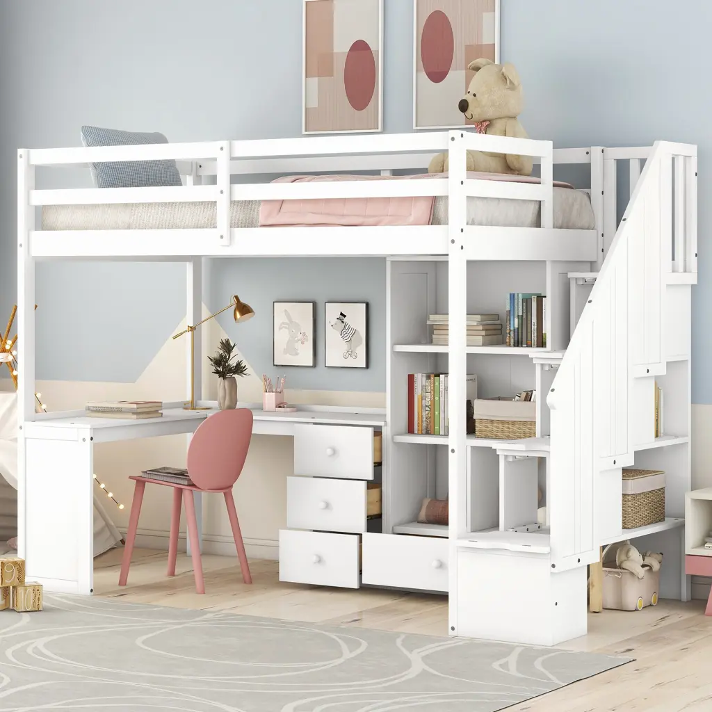 Twin Dimensions Loft Bed L Shaped Desk And Drawers Cabinet Storage Space Saving wm store