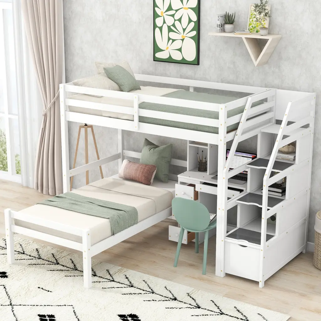 Twin Dimensions Loft Bed Stand Alone Bed Storage Staircase Desk and Shelves wm store