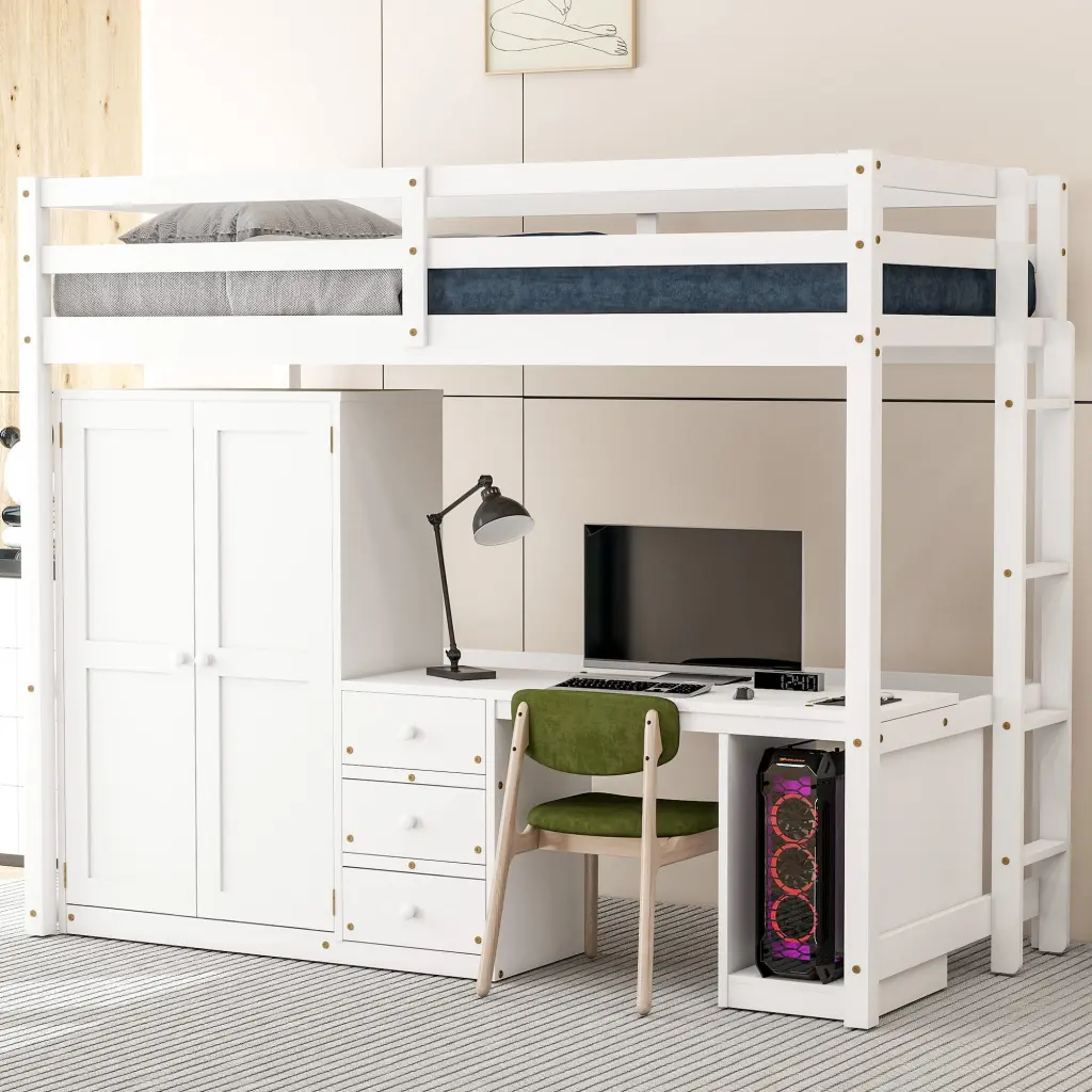Twin Dimensions Loft Bed Wardrobe Desk And Storage Drawers White wm store