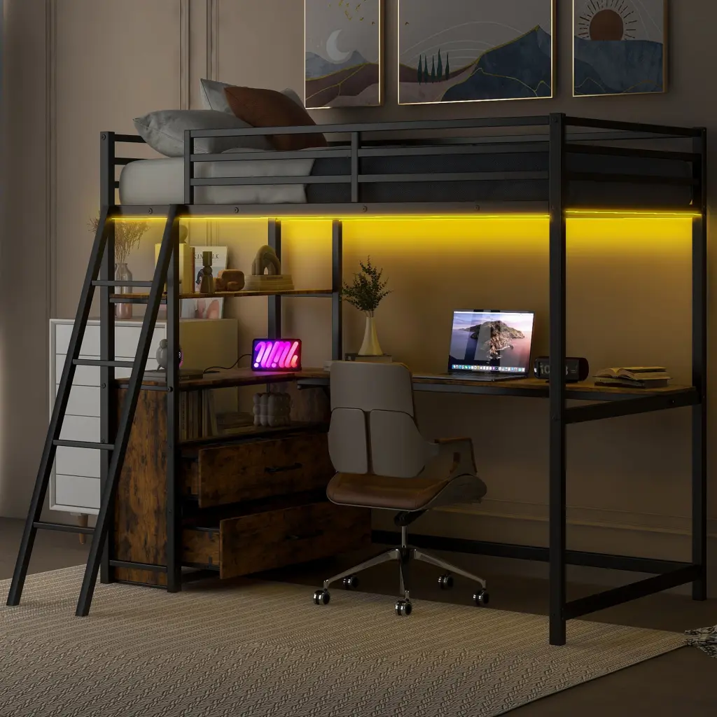 Twin Dimensions Metallic Timber Loft Bed Desk and Shelves wm store