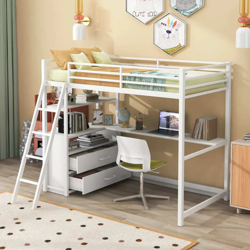 Twin Dimensions Metallic Timber Loft Bed Desk and Shelves Two Drawers wm store