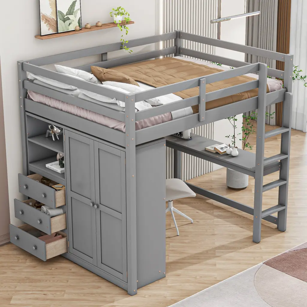 Wood Full Dimensions Loft Bed Constructed Wardrobe Desk Storage Shelves wm store