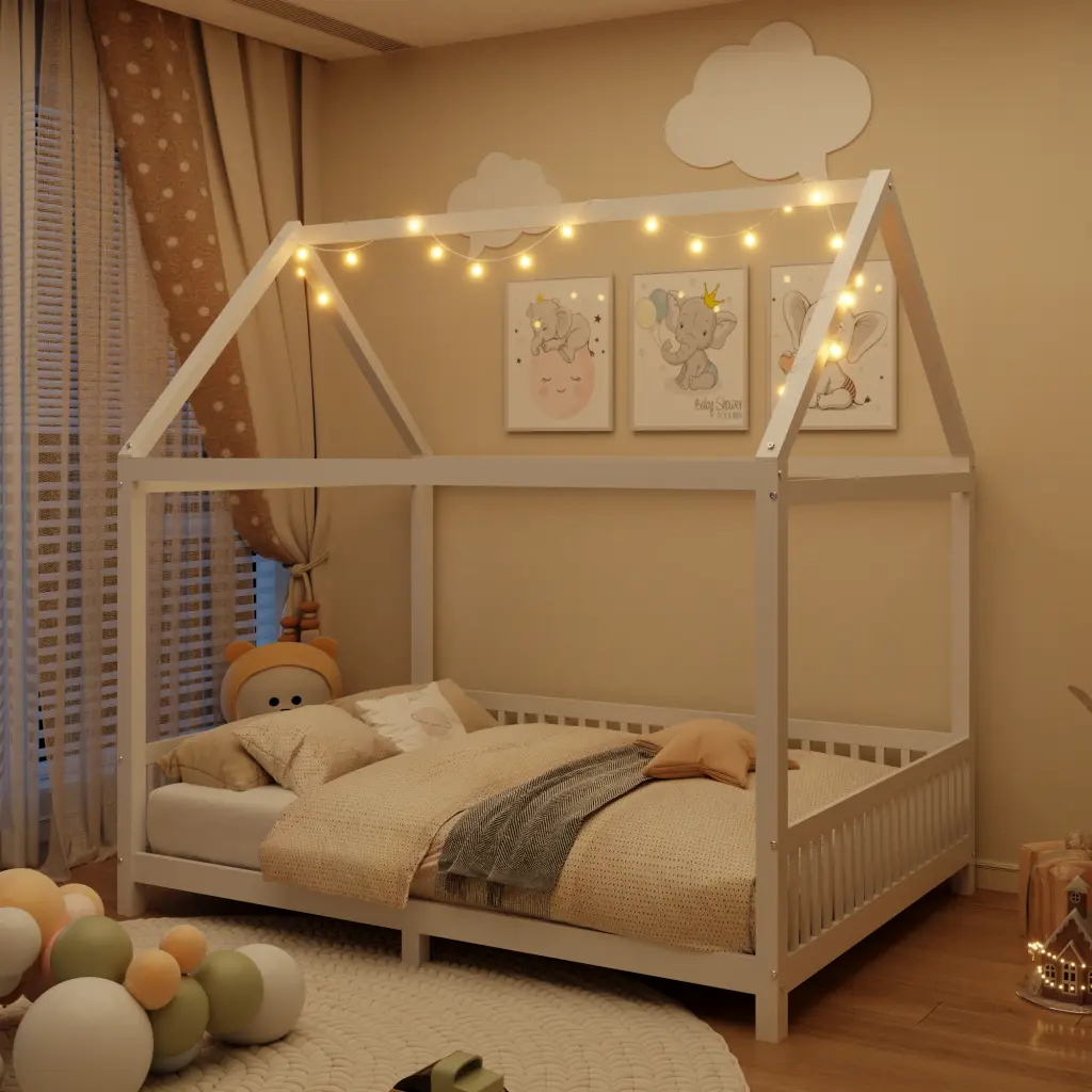 Wood Full Size Houtilize Bed Guardrail And LED White Box Spring Not Required wm store