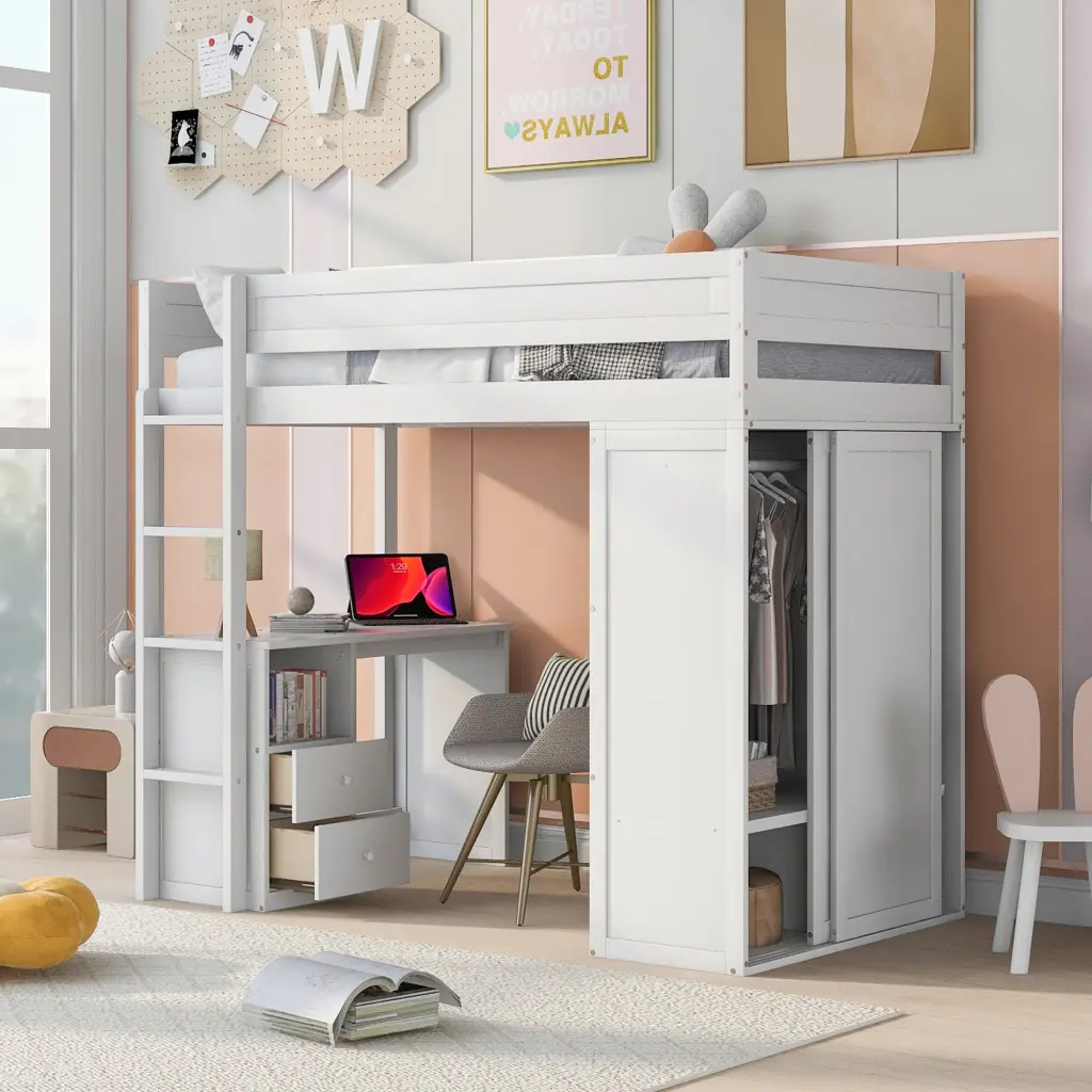 Wood Twin Dimensions Loft Bed Wardrobes and 2 Drawer Desk Cabinet wm store