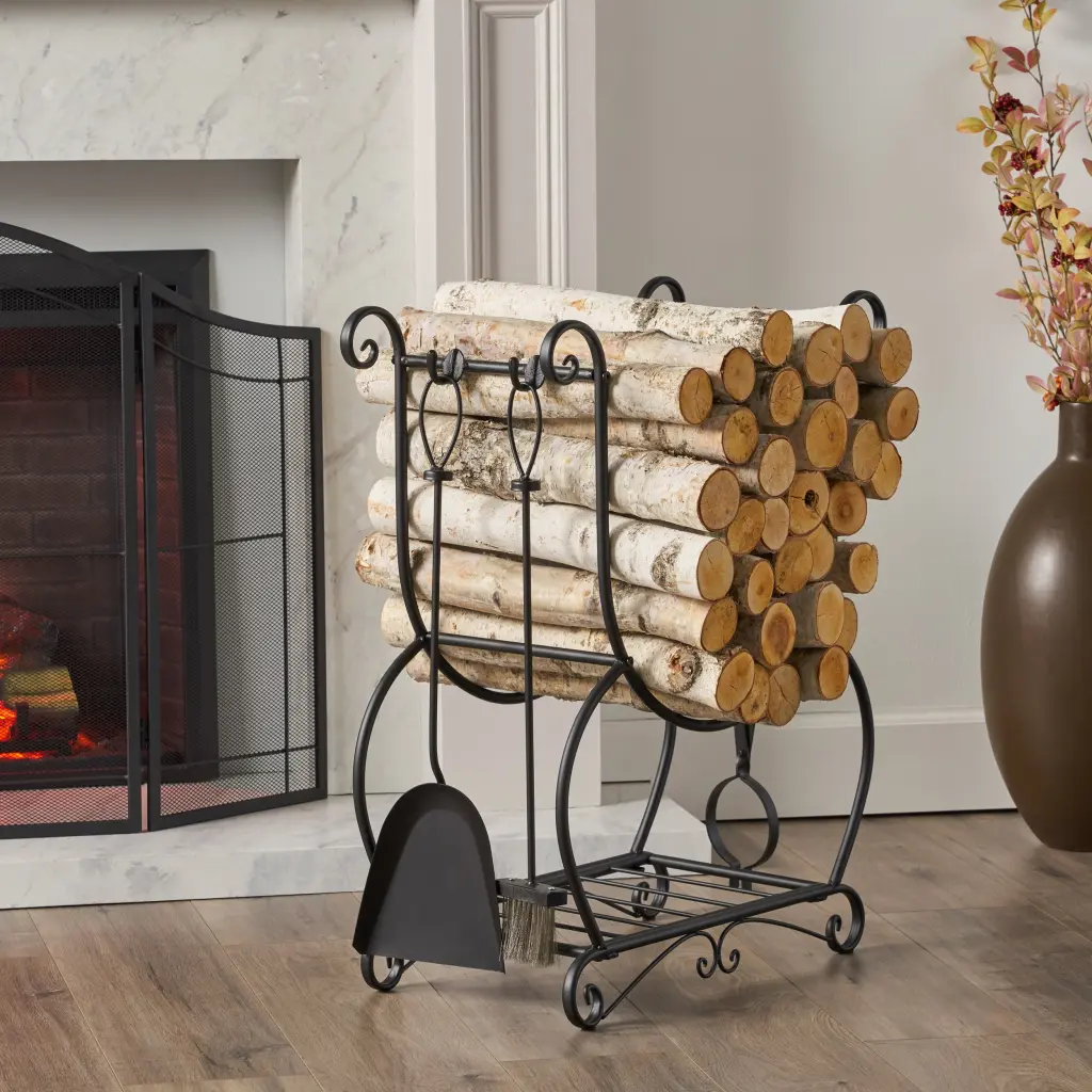 Log Rack and Equipment Holder Matt Black Ferrous Metal nh-home living